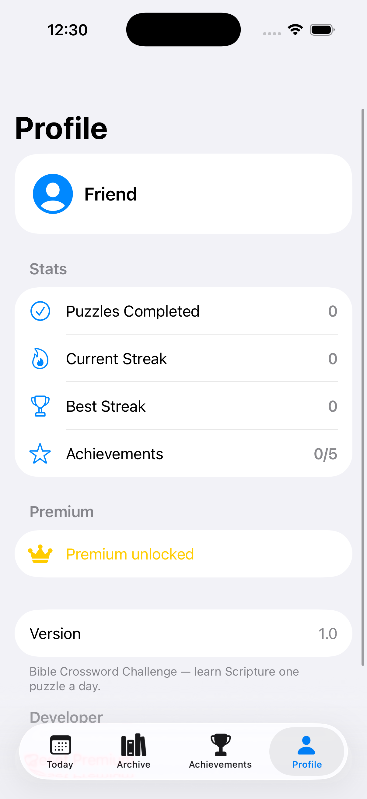 The Profile screen with puzzles completed, streaks, and achievements