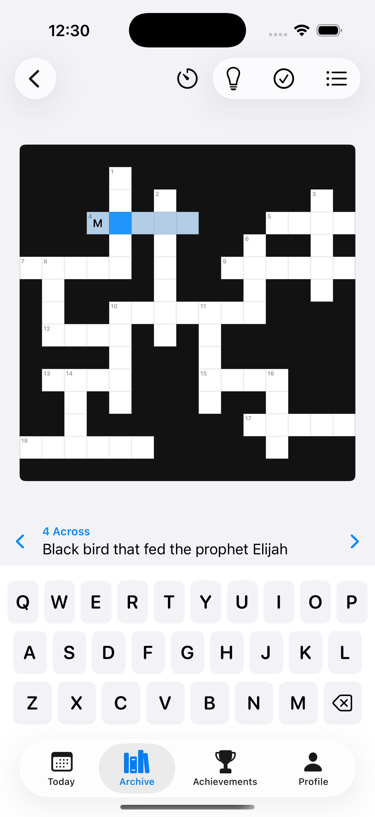 The crossword grid mid-solve, with the clue “Black bird that fed the prophet Elijah”