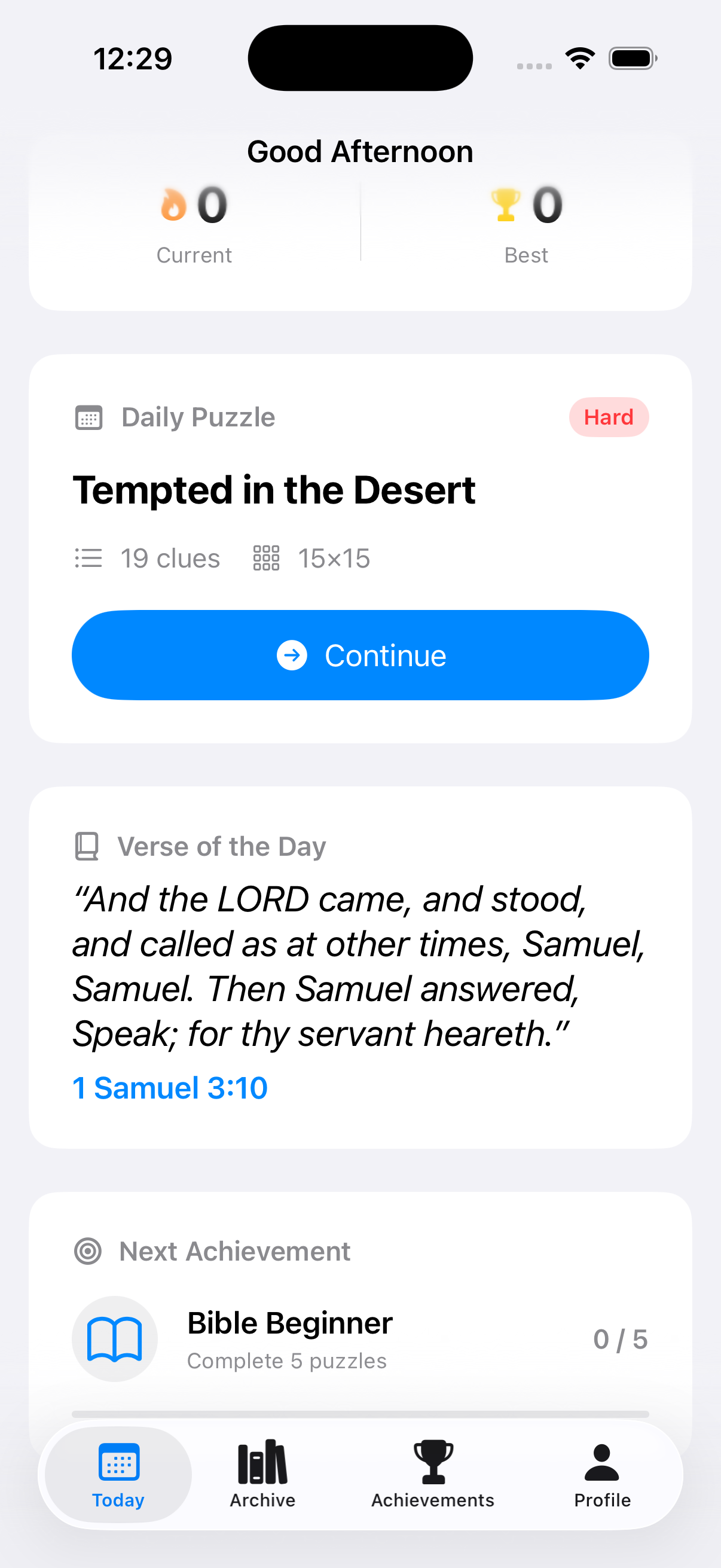 The Today screen: streak counter, today's puzzle, Verse of the Day, and next achievement